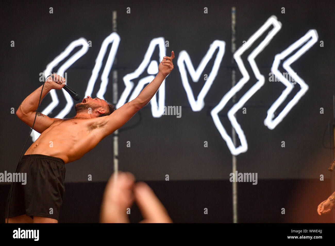 Punk duo Slaves perform during the Peaky Blinders Festival, in Birmingham. Stock Photo