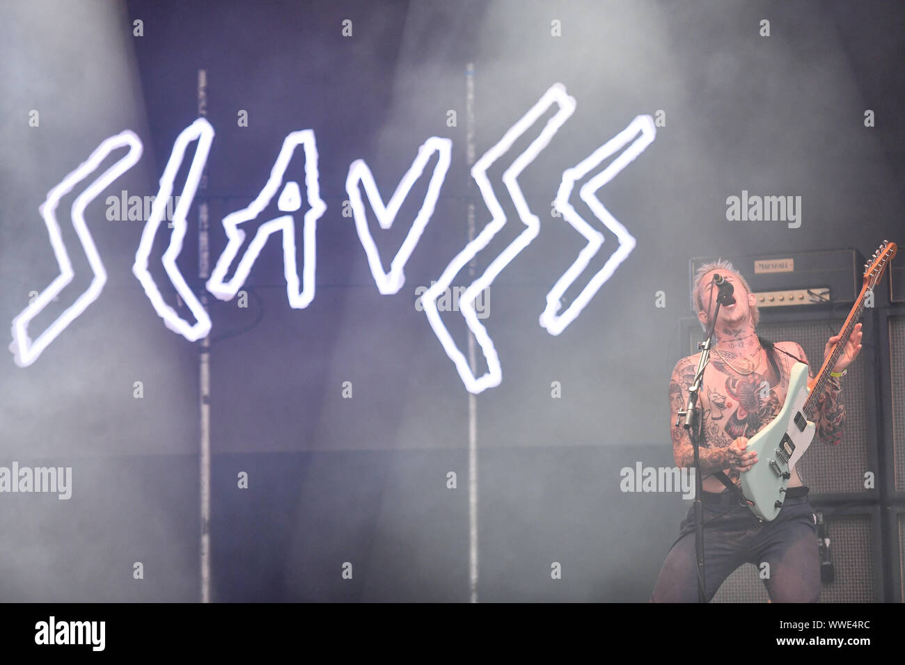 Punk duo Slaves perform during the Peaky Blinders Festival, in Birmingham. Stock Photo