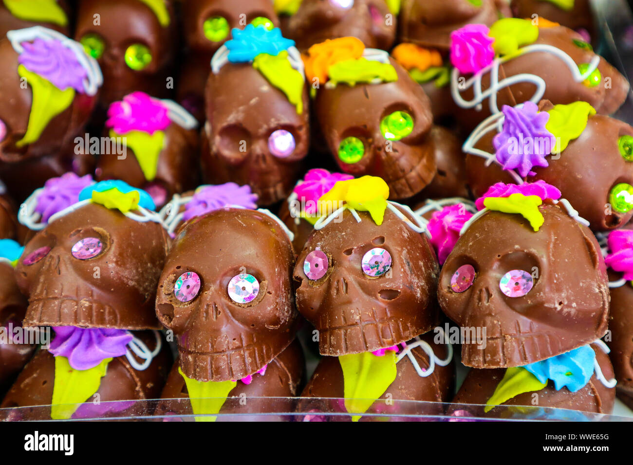 Traditional Day of the Dead Chocolate Skull Decorations in Mexico Stock