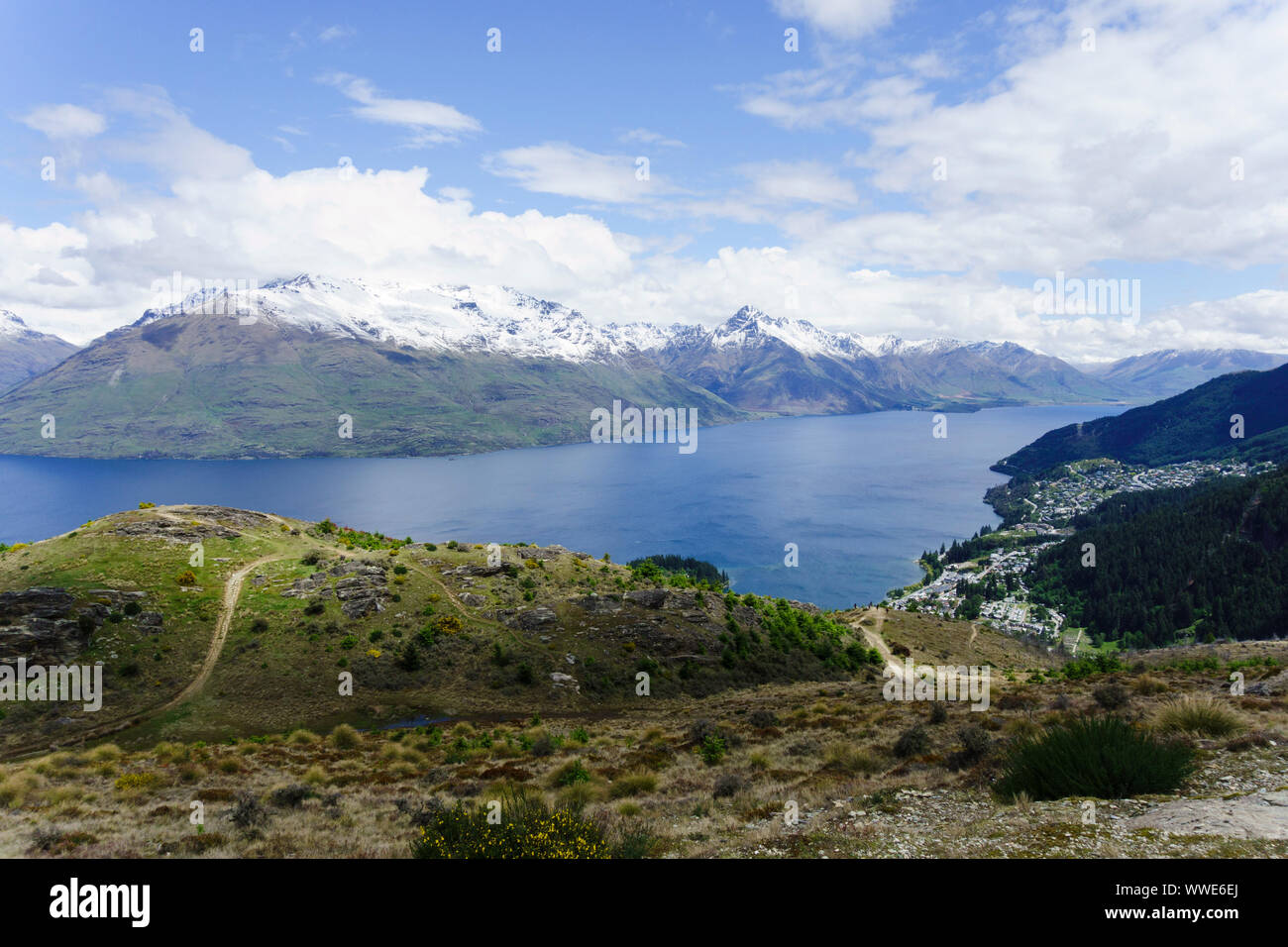 View over Lake Wakatipu from Queentown Hill. Queenstown, Otago, New Zealand. Stock Photo
