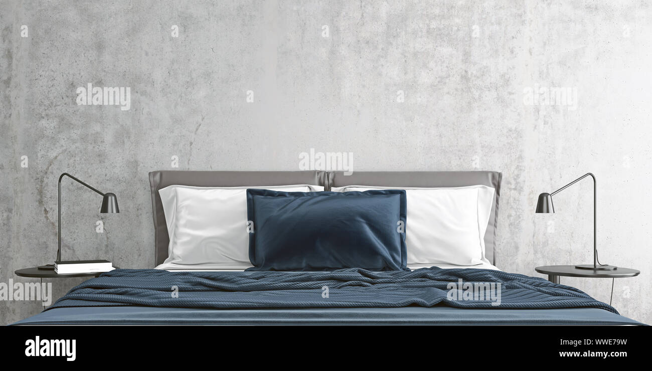 Concrete mock up wall in basement with gray blue bed in modern interior background, bedroom, Scandinavian style, ultra wide close-up, 3D render, 3D il Stock Photo