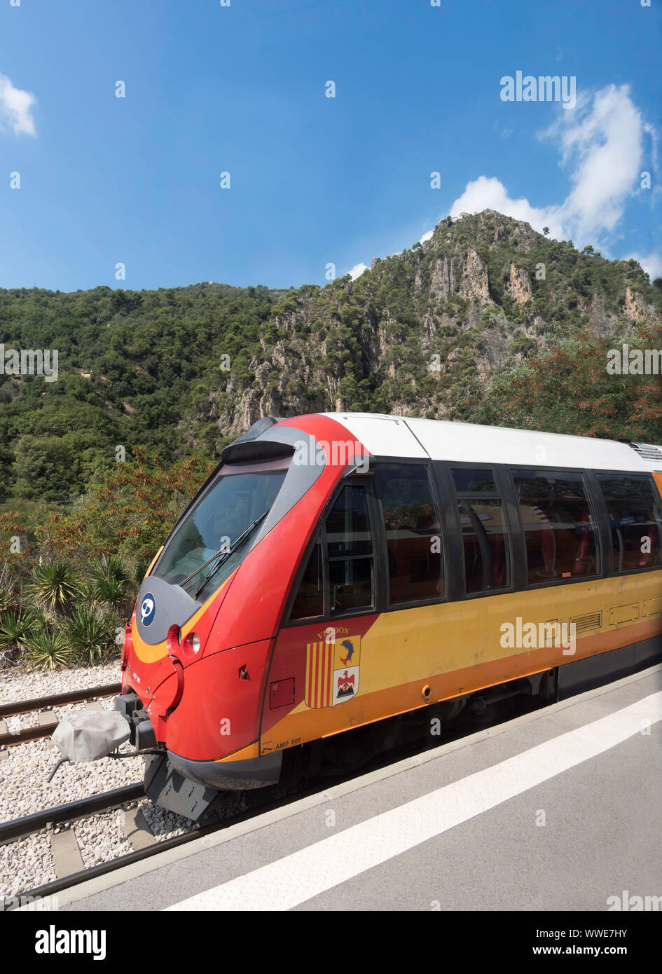 Scenic view of the metre gauge diesel train of the Chemins de Fer de Provence, France, Europe Stock Photo