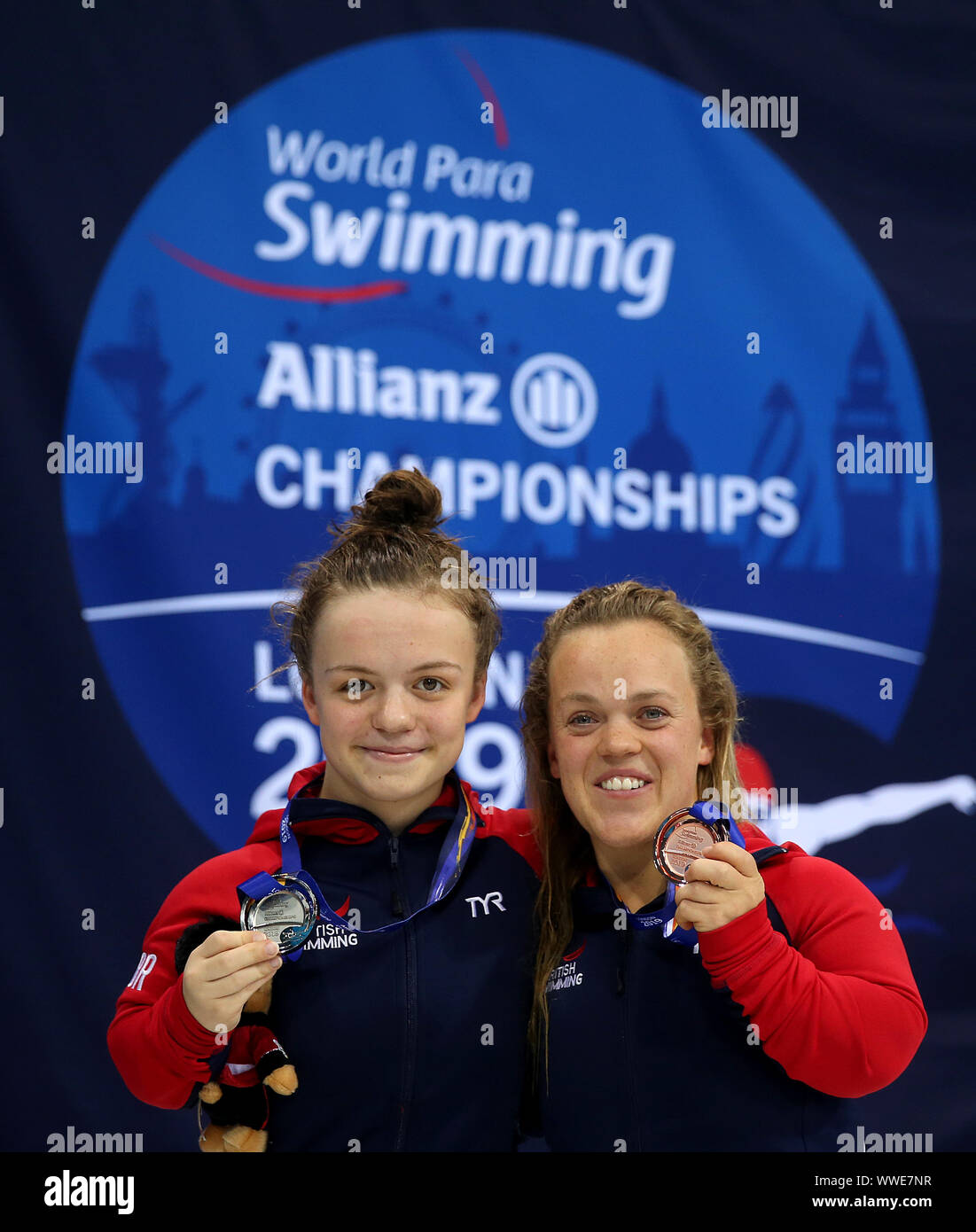 Great Britain's Maisie Summers-Newton and Eleanor Simmonds pose with their Siver and bronze medals in the Women's 100m Breaststroke SB6 Final during day seven of the World Para Swimming Allianz Championships at The London Aquatic Centre, London. Stock Photo
