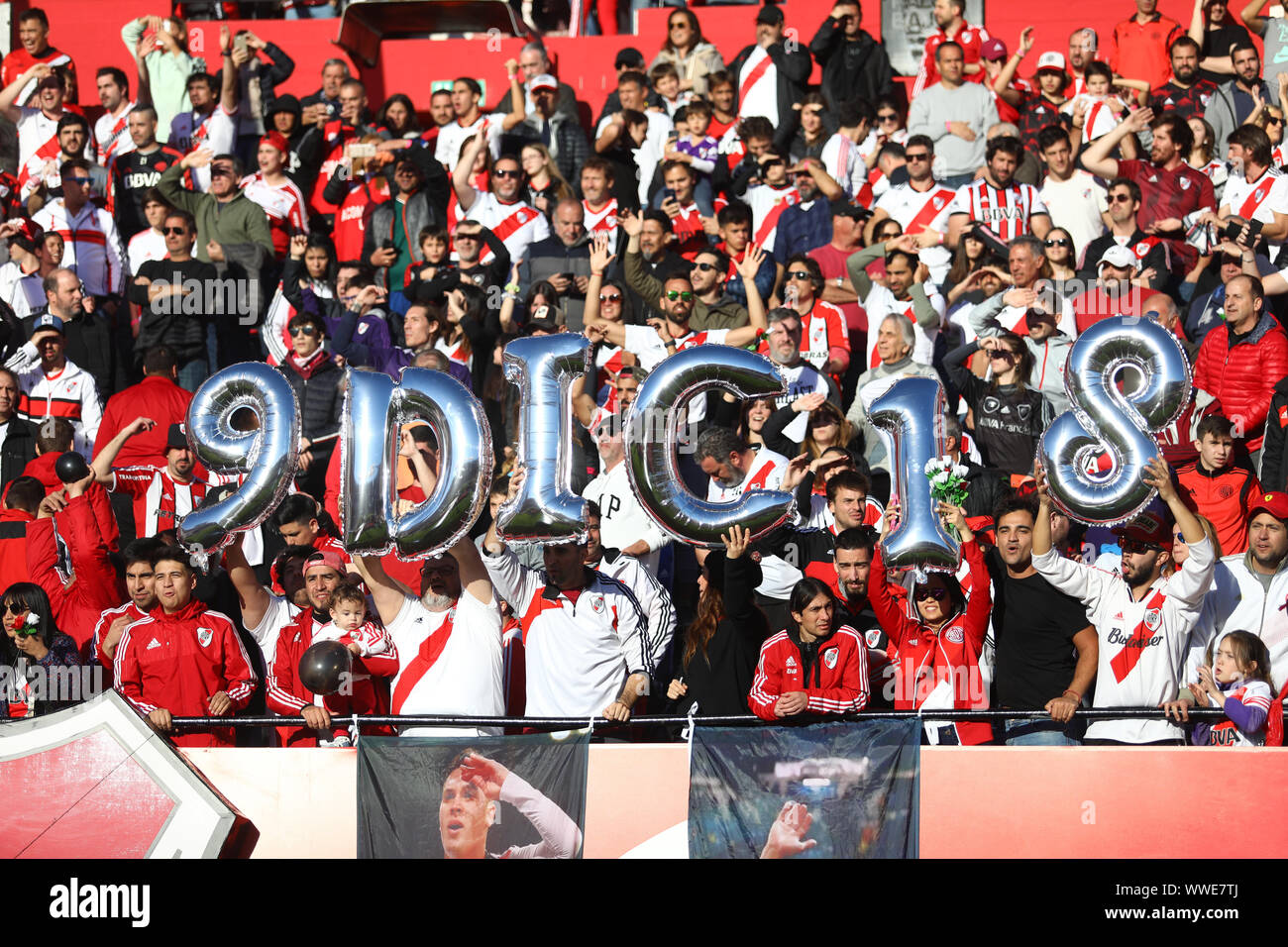 Buens Aires, Argentina - September 1, 2019:  River Plate fans holding a sign with the date that boca was defeated in Mardrid for the finals of the Lib Stock Photo