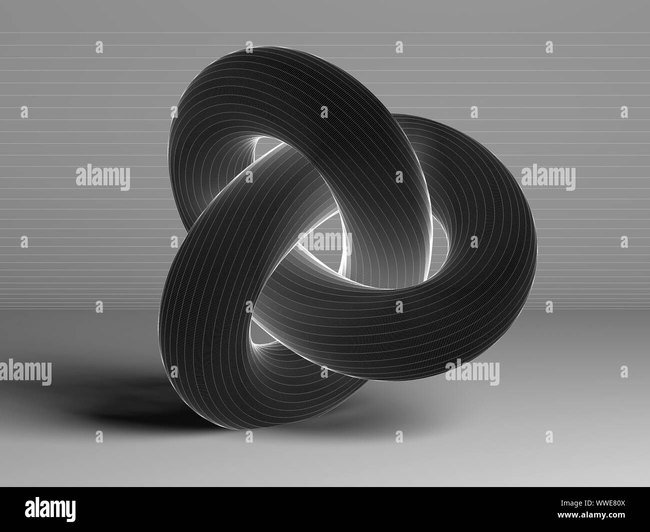 Black torus knot with white wire-frame lines, geometrical representation of parametric surface over gray background. 3d rendering illustration Stock Photo