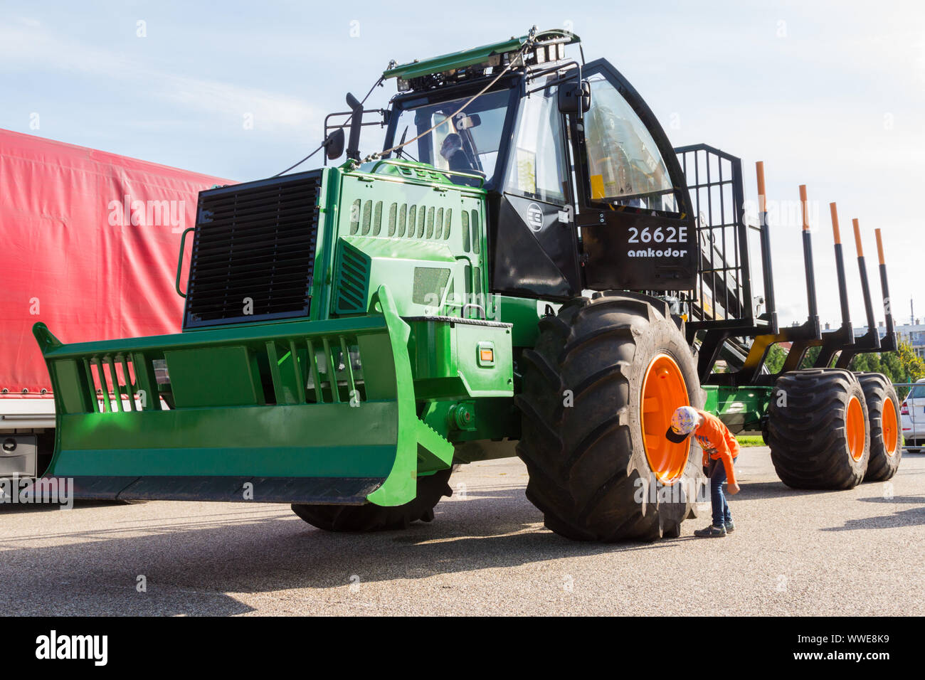Amkodor 2662E forwarder at innoLignum Sopron Timber Industry and Forestry Trade Fair, Sopron, Hungary Stock Photo