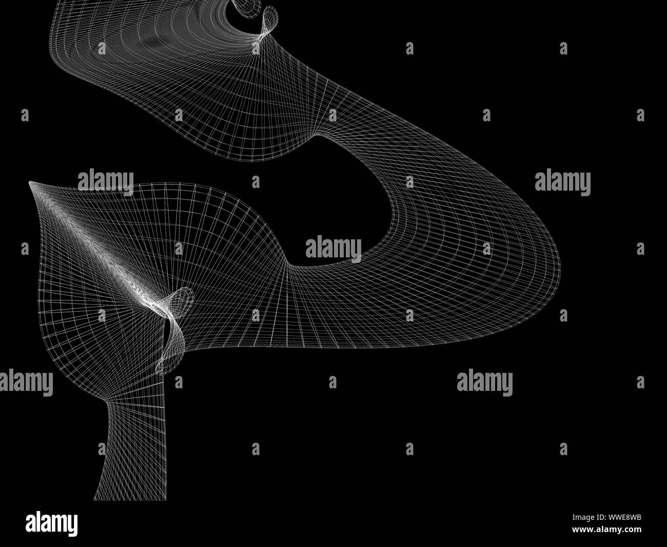 Abstract white parametric wire-frame mesh structure fragment isolated on black background, 3d rendering illustration Stock Photo