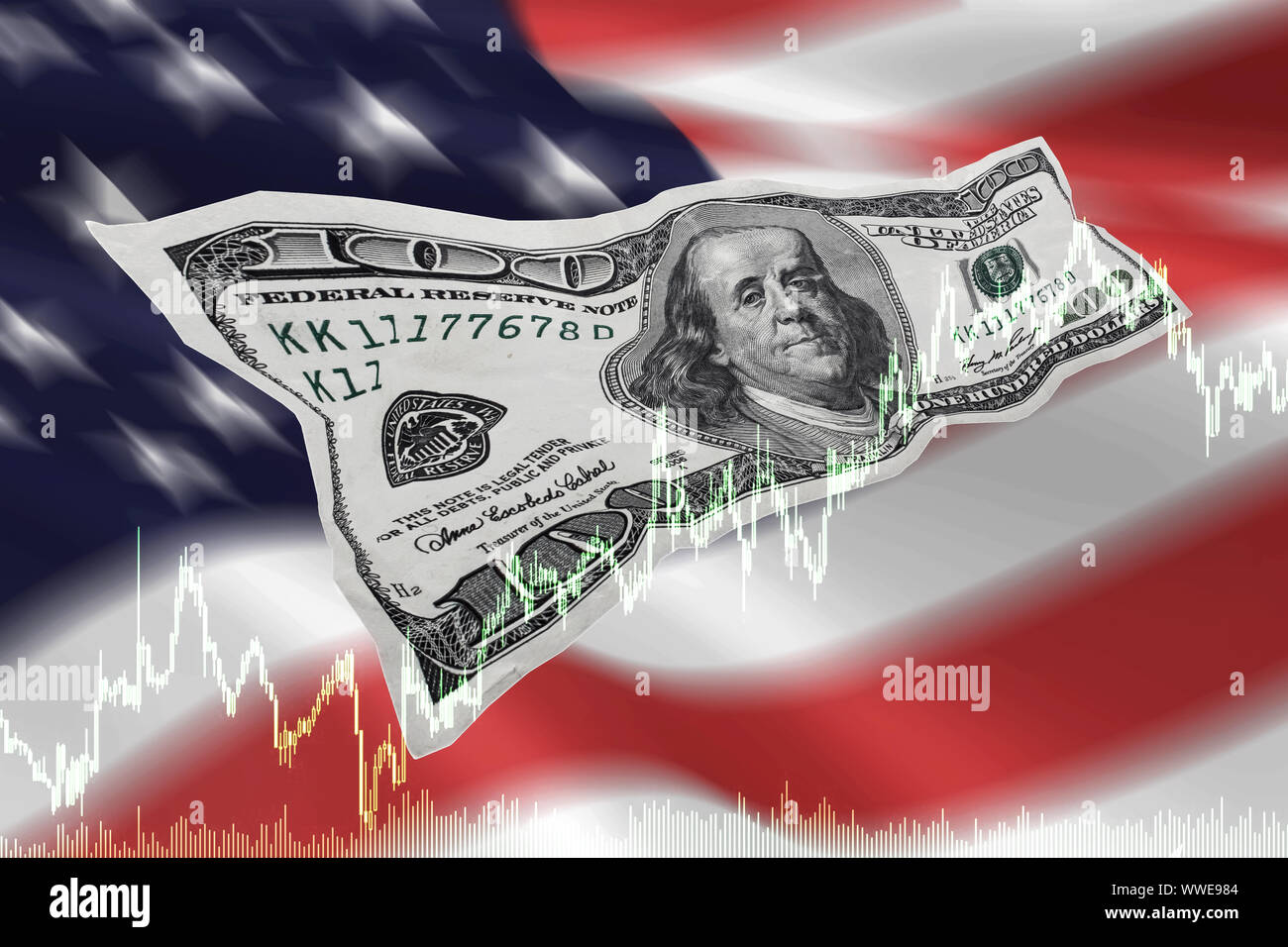 A hundred-dollar bill with the American flag and a trade chart. Crumpled dollars. Stock Photo