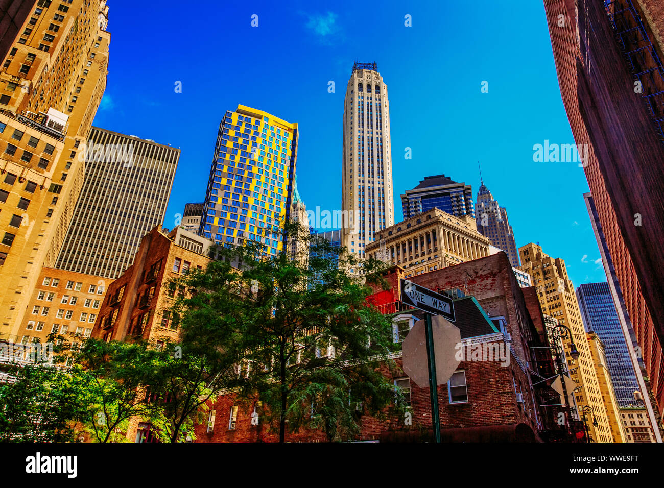 Lower Manhattan buildings of Wall Street District in New York City, USA Stock Photo