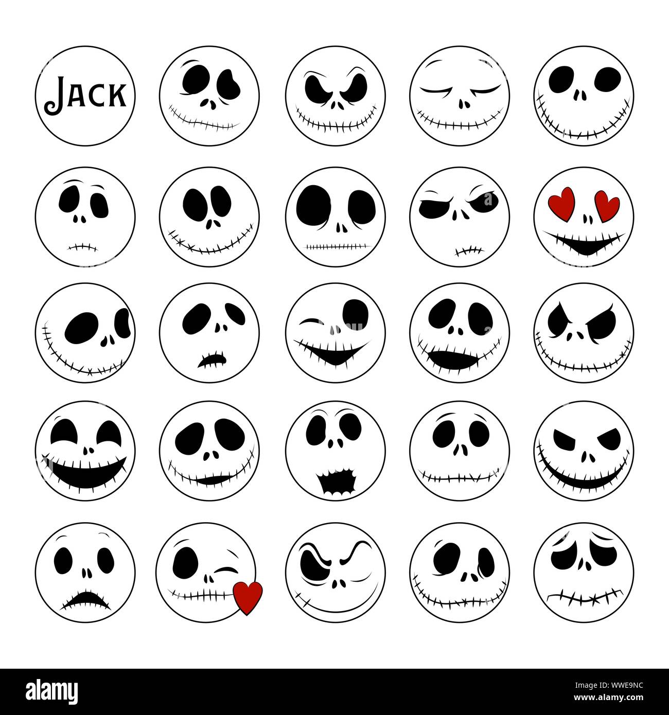 Vector Collection of Halloween Faces. The nightmare before christmas. halloween jack faces silhouettes. Jack Skellington. Stock Vector