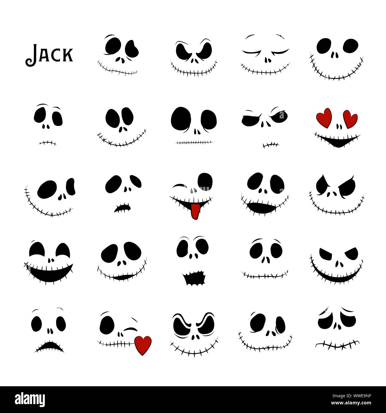 Vector Collection of Halloween Faces. The nightmare before christmas. halloween jack faces silhouettes. Jack Skellington. Stock Vector