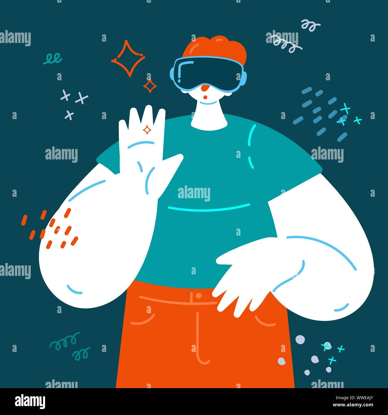 Enthusiastic man using a virtual realityVR headset Stock Vector