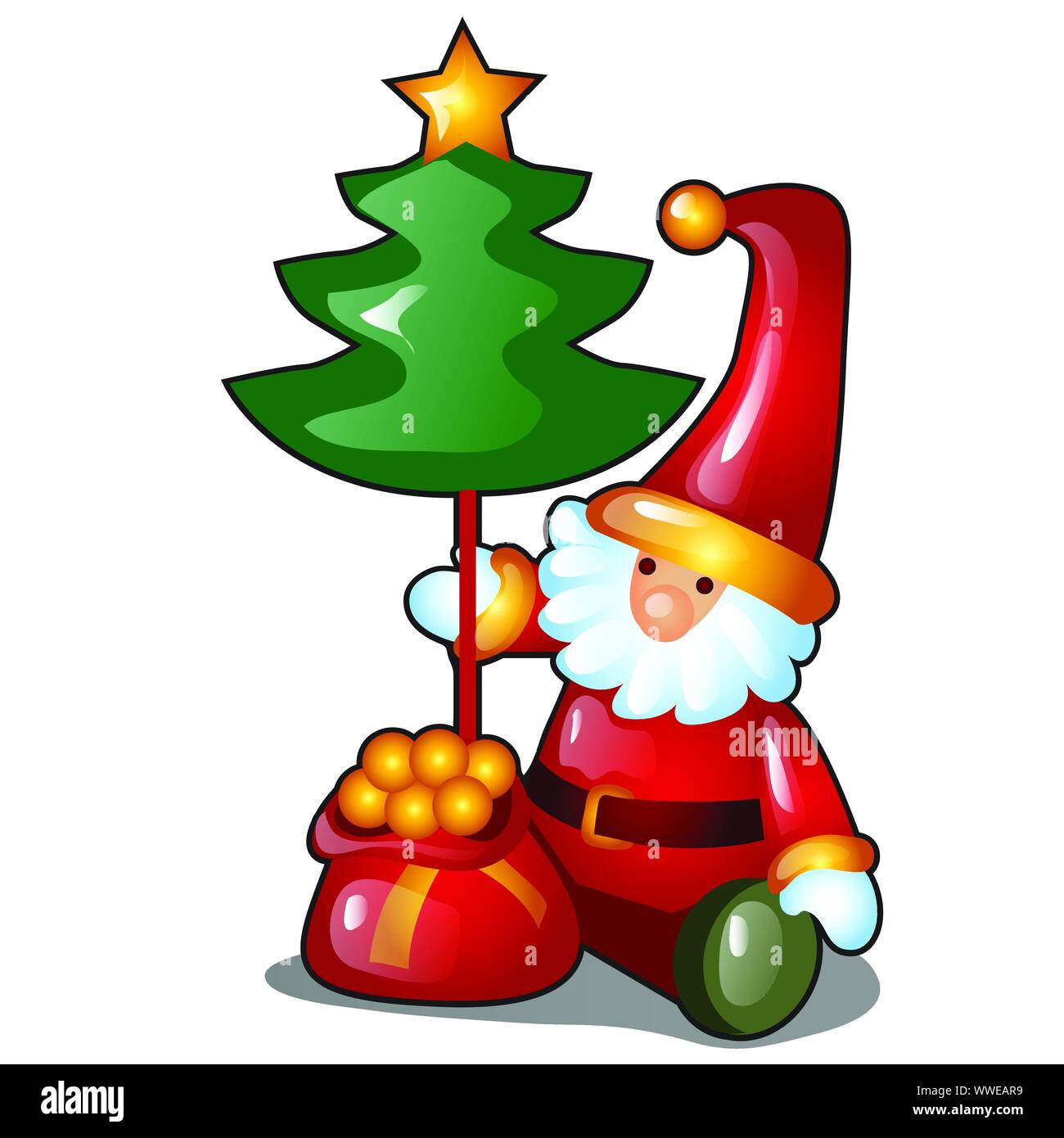 Figurine form of Santa Claus with bag of gifts and miniature Christmas tree isolated on white background. Sample of poster, party holiday invitation Stock Vector