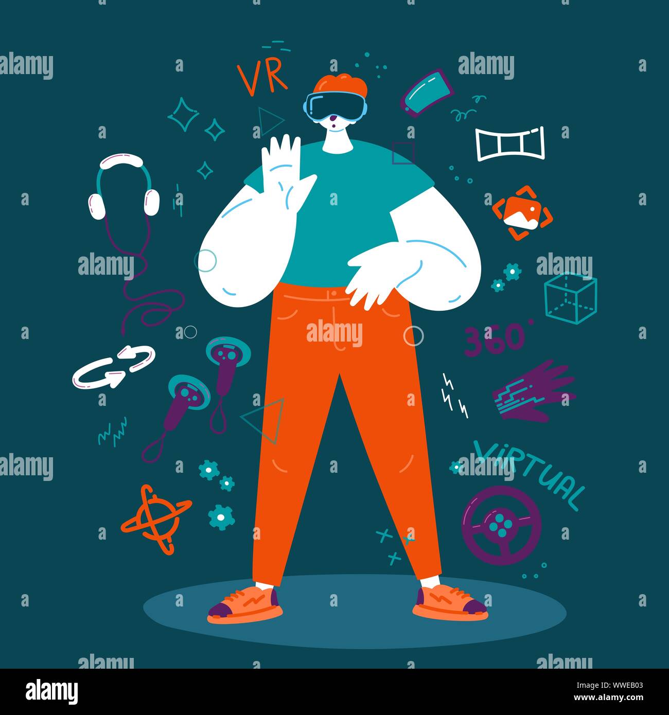 Enthusiastic man using a virtual realityVR headset Stock Vector
