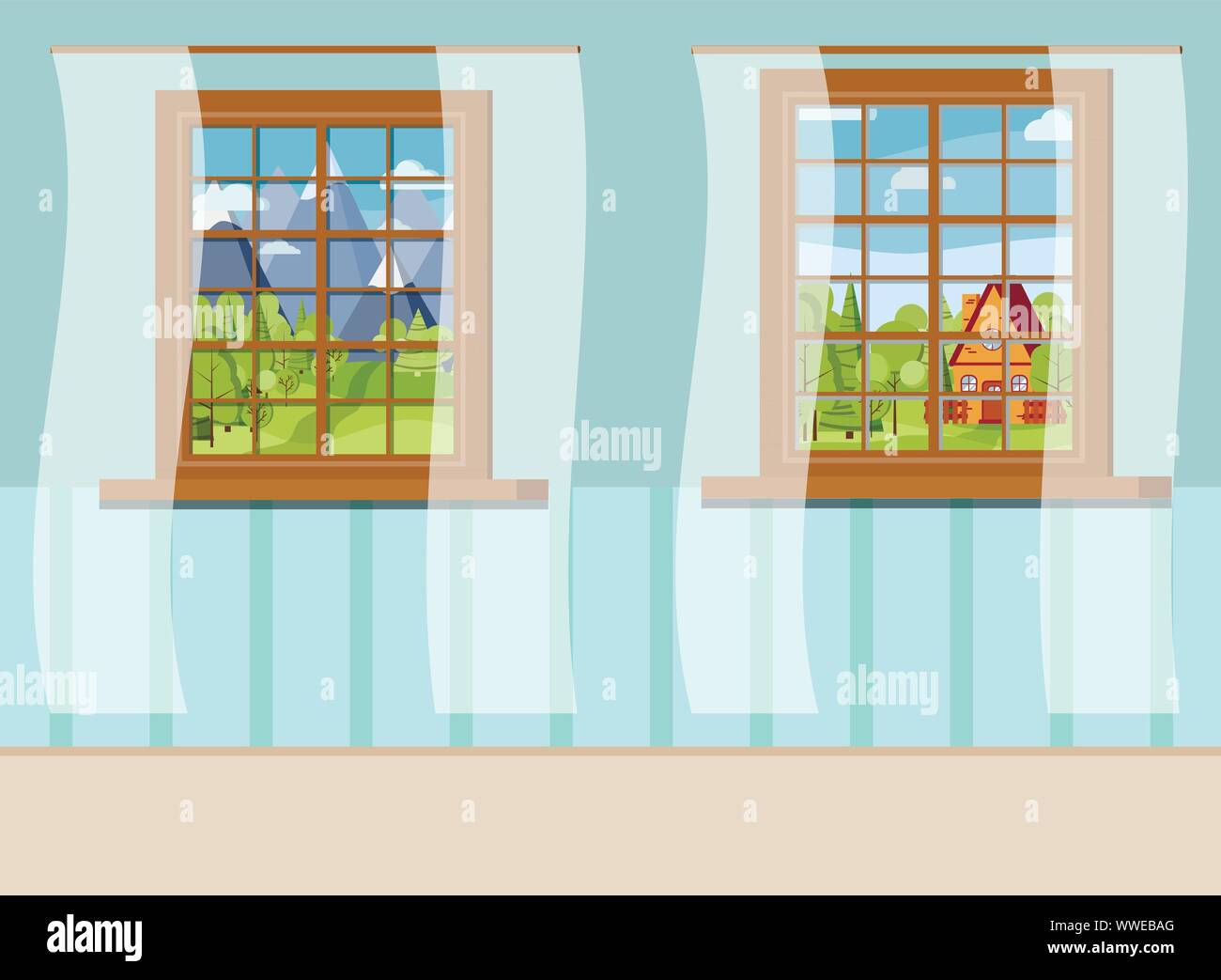 Set of cartoon wooden window view with white curtains in flat style. Stock Vector