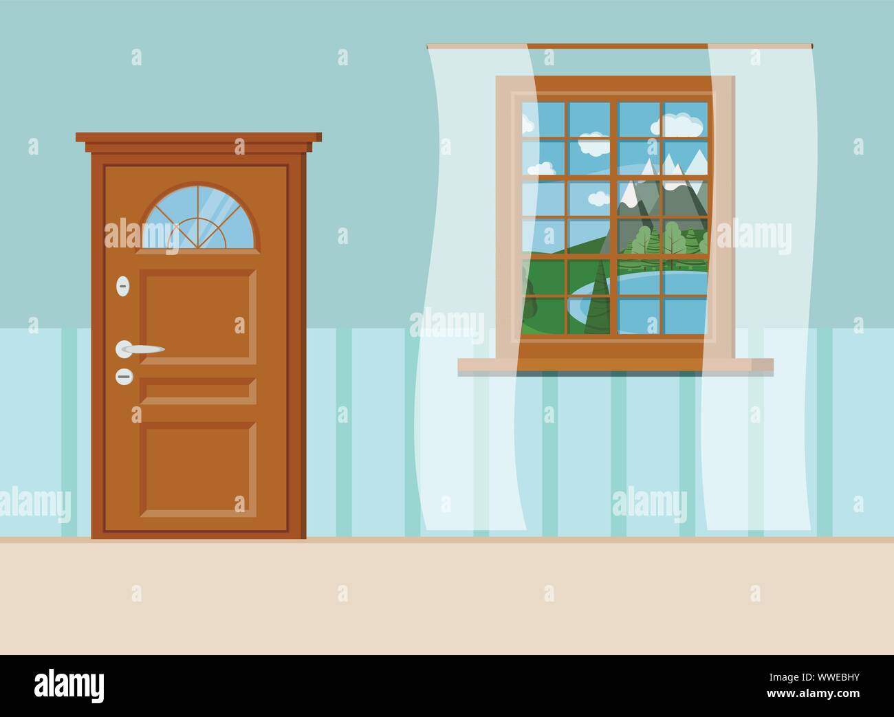 Wood closed entrance door and window with summer view of lake landscape Stock Vector