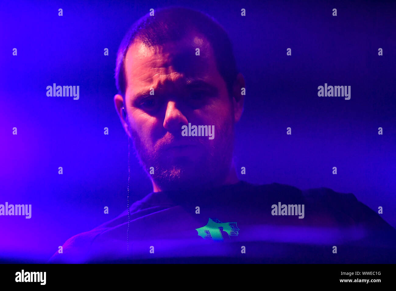 Mike Skinner performs a DJ set during the Peaky Blinders Festival, in Birmingham. Stock Photo