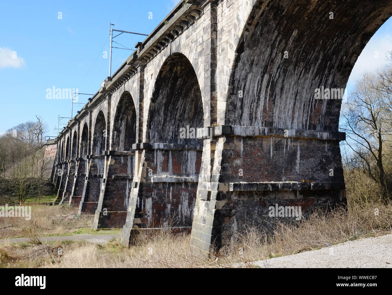 Sankey Viaduct, the world's oldest railway viaduct, on the Liverpool and Manchester Railway, which opened in 1830. Stock Photo
