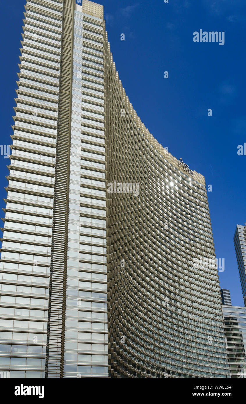 LAS VEGAS, NV, USA - FEBRUARY 2019: Wide angle exterior view of the Aria Hotel in Las Vegas. Stock Photo