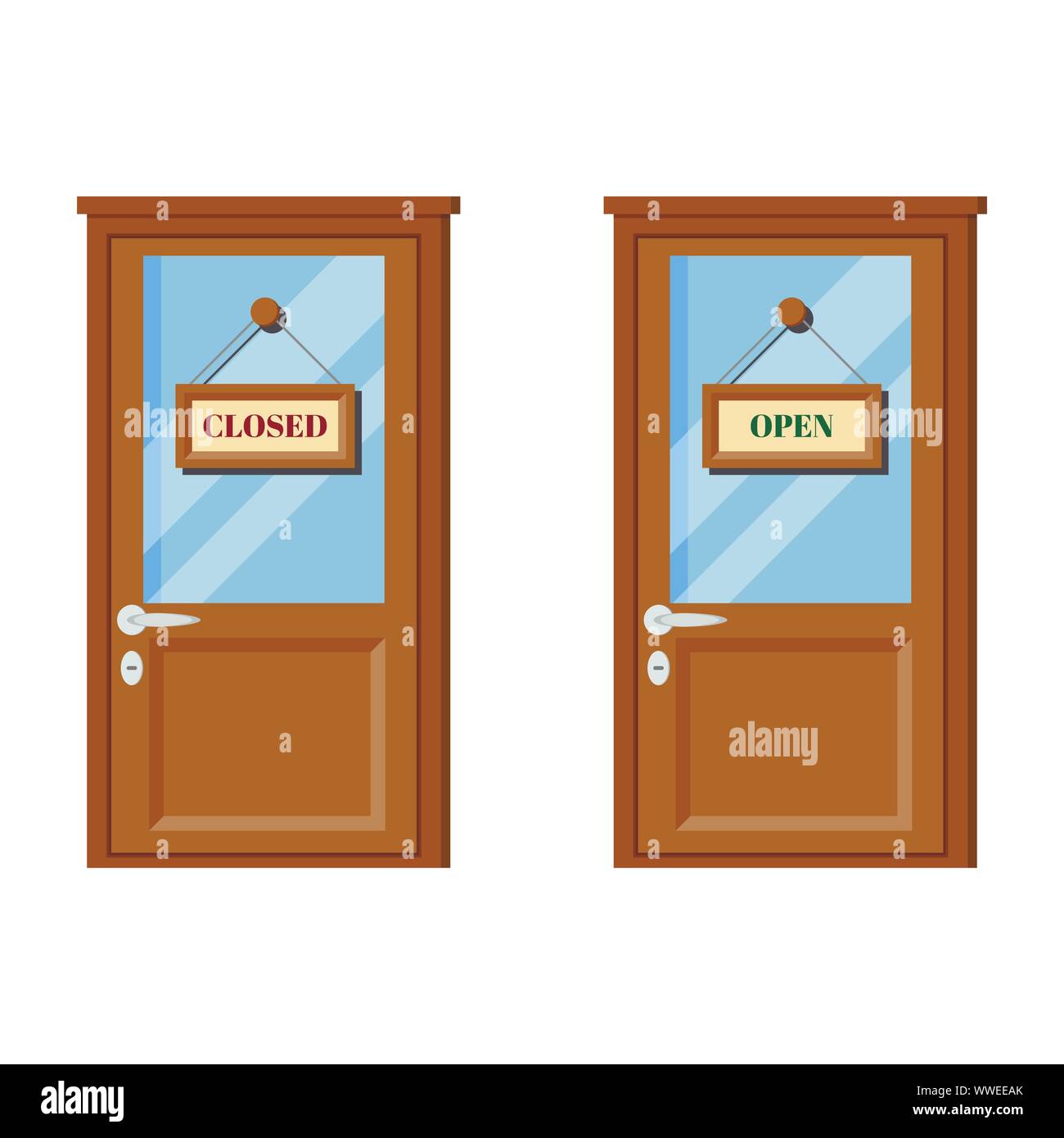 Set of wooden doors with glass, door handle, open and closed business signs. Stock Vector