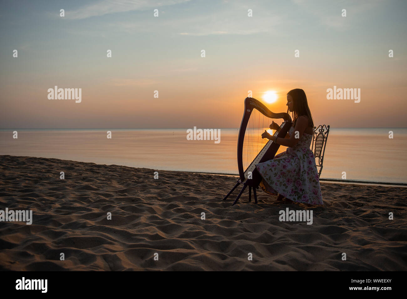 A Girl In A Flower Dress Plays On A Celtic Harp By The Sea At Sunset Stock Photo Alamy A Girl In A Flower Dress Plays On A Celtic Harp By The Sea At Sunset Stock Photo Alamy