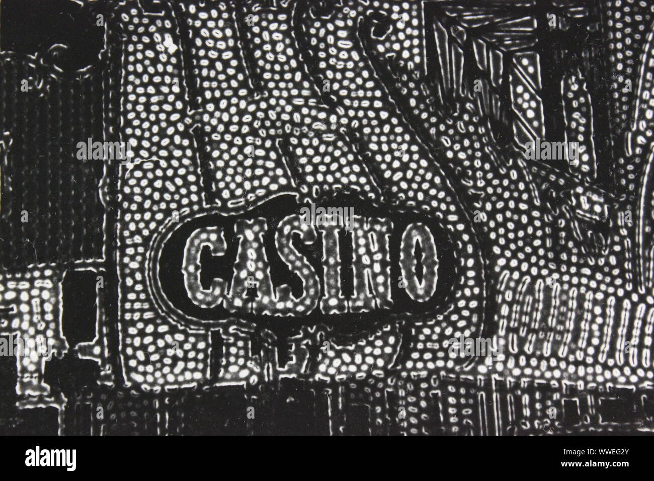 Fine black and white art photography from the 1970s of Las Vegas/ iconic Golden Nugget Casino neon marquee sign in high contrast. Stock Photo