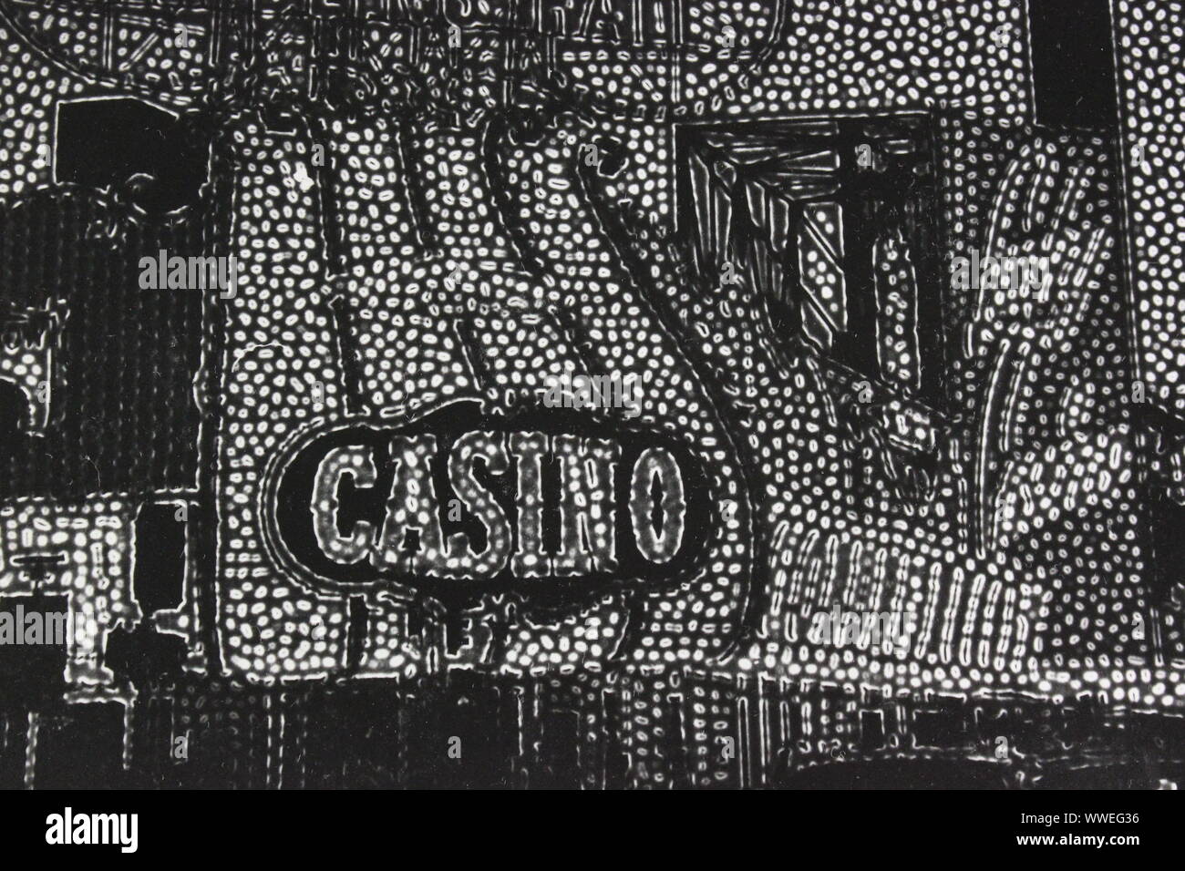Fine black and white art photography from the 1970s of Las Vegas/ iconic Golden Nugget Casino neon marquee sign in high contrast. Stock Photo
