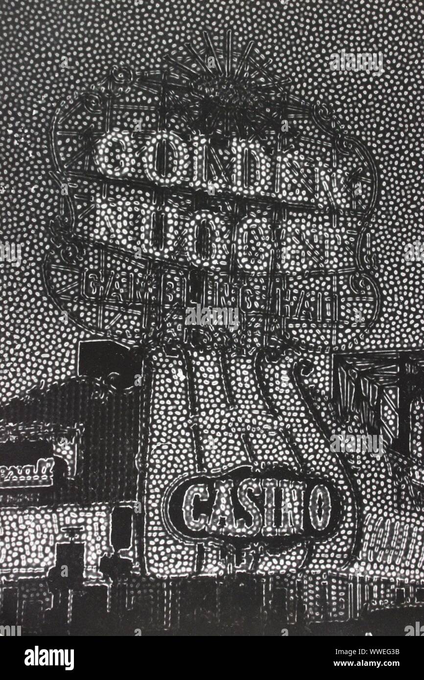 Fine black and white art photography from the 1970s of Las Vegas/ iconic Golden Nugget Casino neon marquee sign in high contrast. Stock Photo