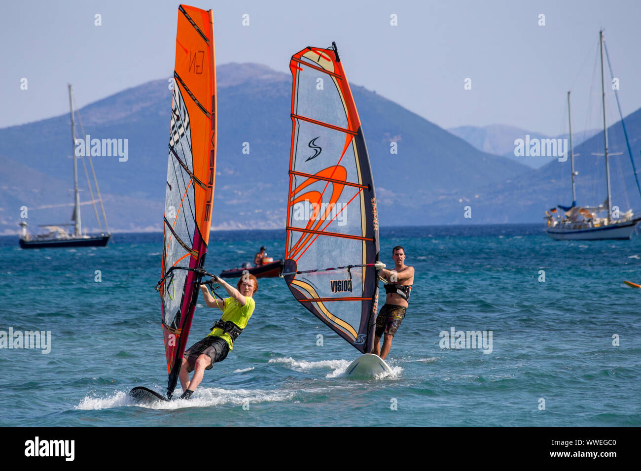 Learning to Windsurf at Vasiliki, Lefkada / Lefkas Island, Greece Stock Photo