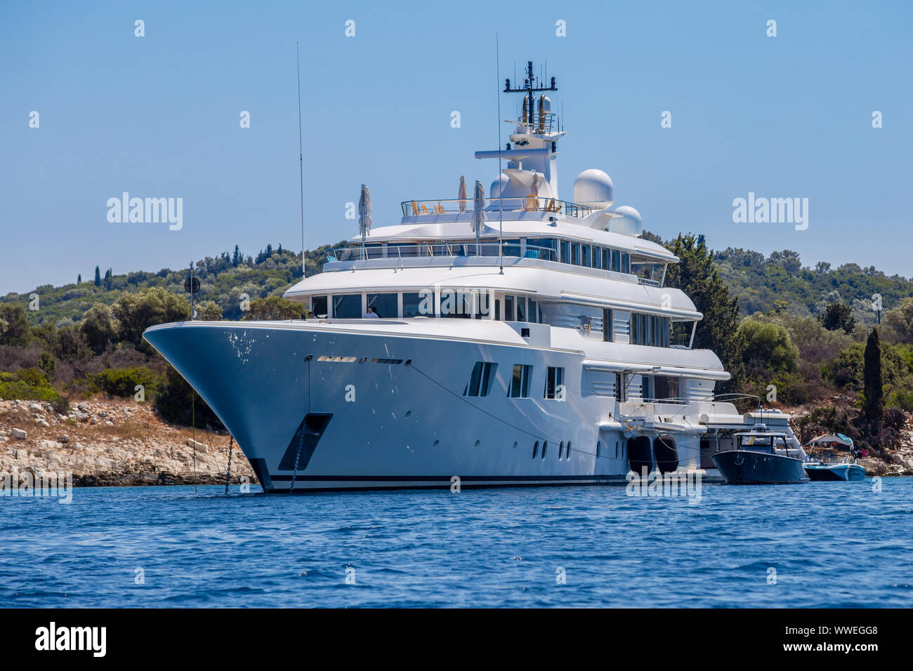 Luxury motor yacht Lady E moored in a bay at Meganisi Island near Lefkada / Lefkas Island, Greece Stock Photo