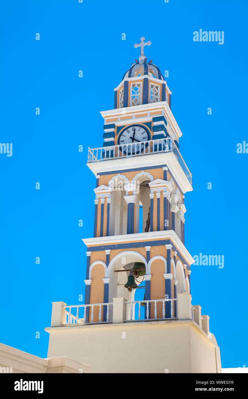 Bell tower of the Saint John the Baptist church in the city of Fira in ...