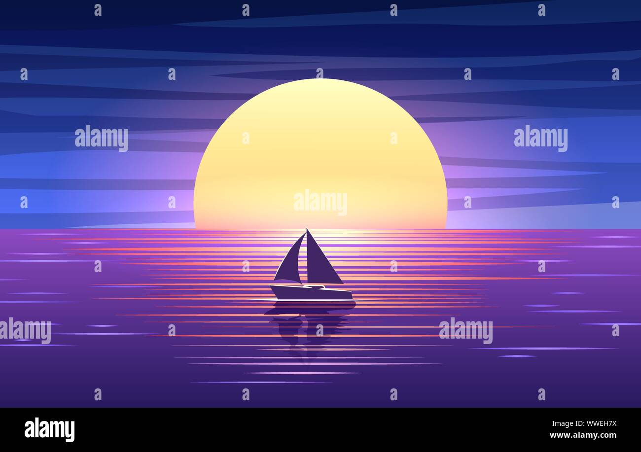 Sunset sea and boat Stock Vector