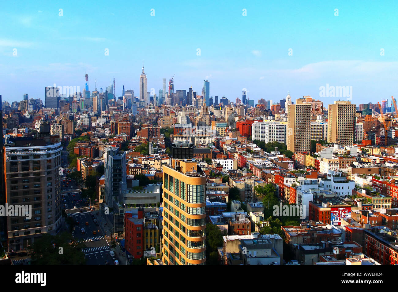 Aerial view of SoHo rooftops, with TriBeCa, East Village, West Village