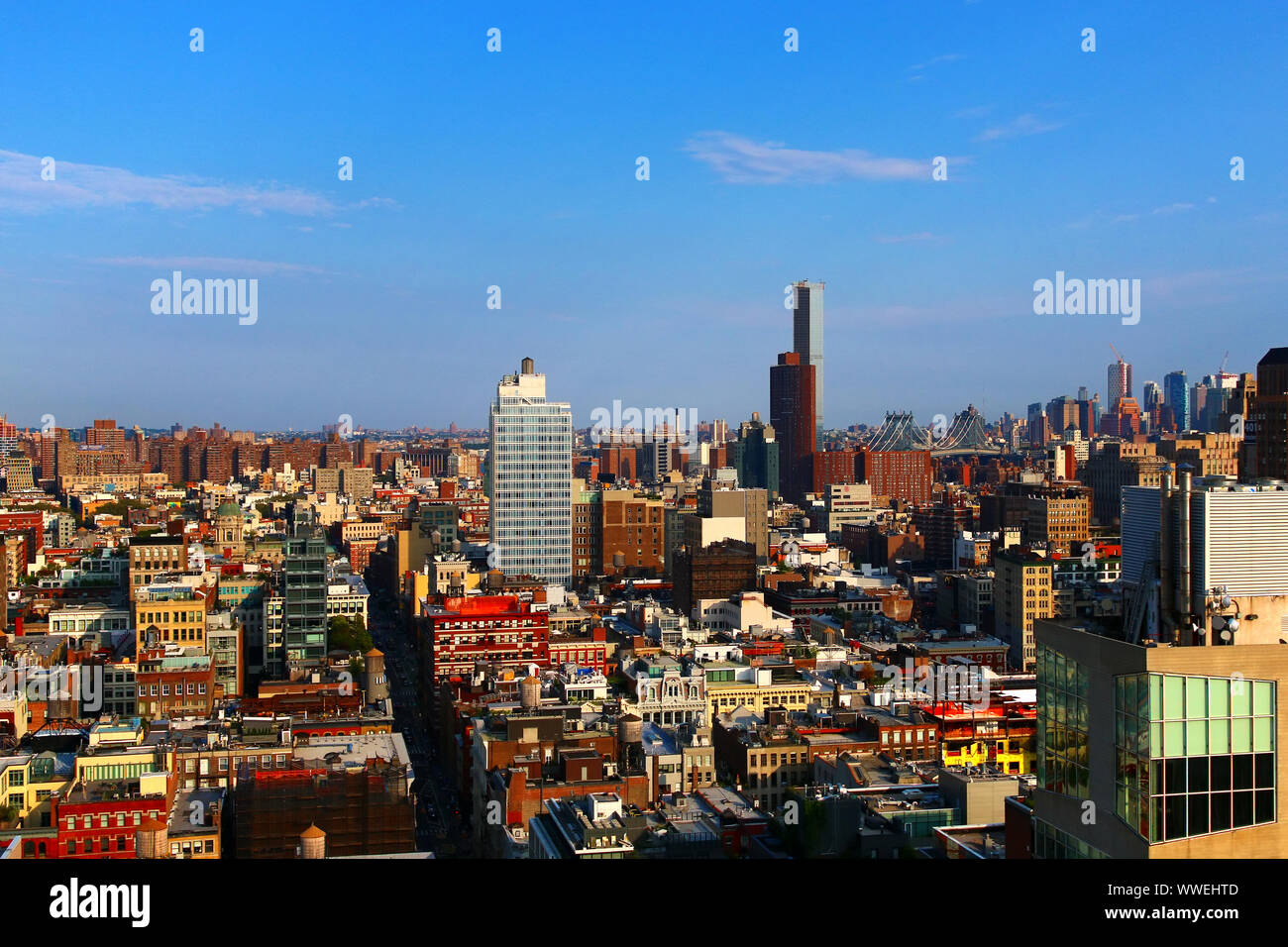 Aerial view of SoHo rooftops, with TriBeCa, East Village, West Village