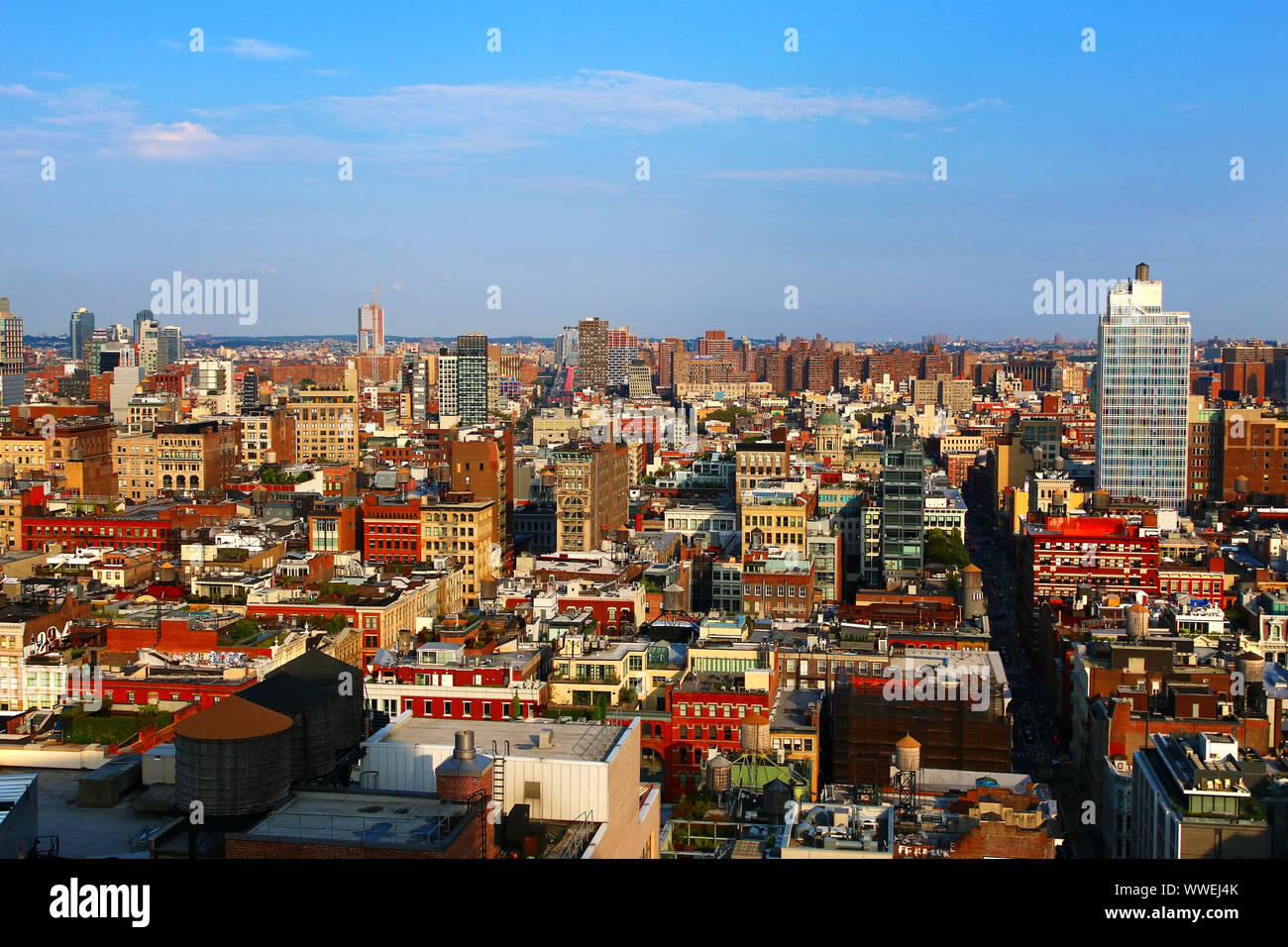 Aerial view of SoHo rooftops, with TriBeCa, East Village, West Village