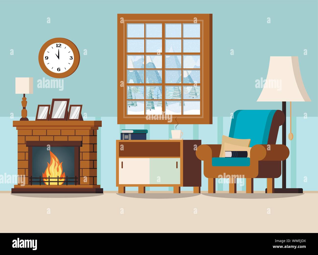 Cozy home living room interior background with fireplace Stock Vector ...