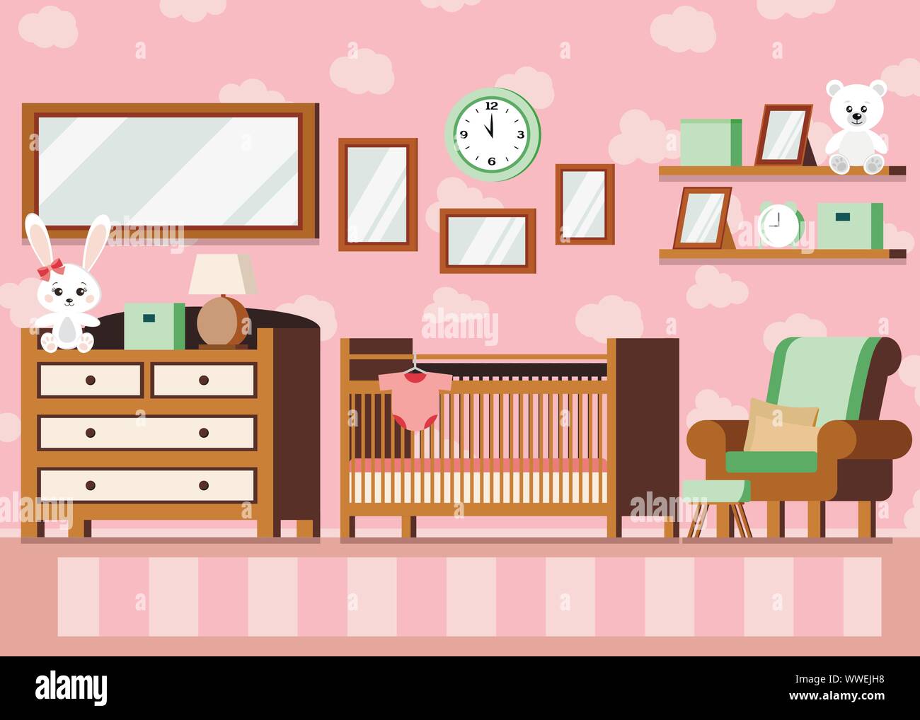 Cozy Girl S Baby Room Interior Pink Color Background Vector
