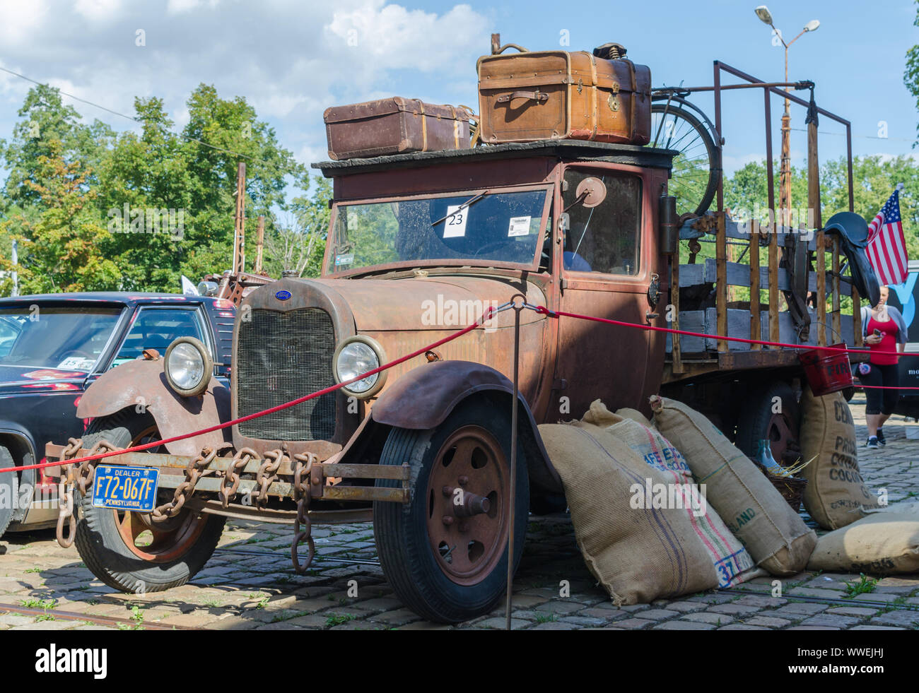 WROCLAW, POLAND - August 11, 2019: USA cars show - Old Ford truck pickup 1930 -1931-1939 with stylish vintage suitcases and few big packages of coffee Stock Photo