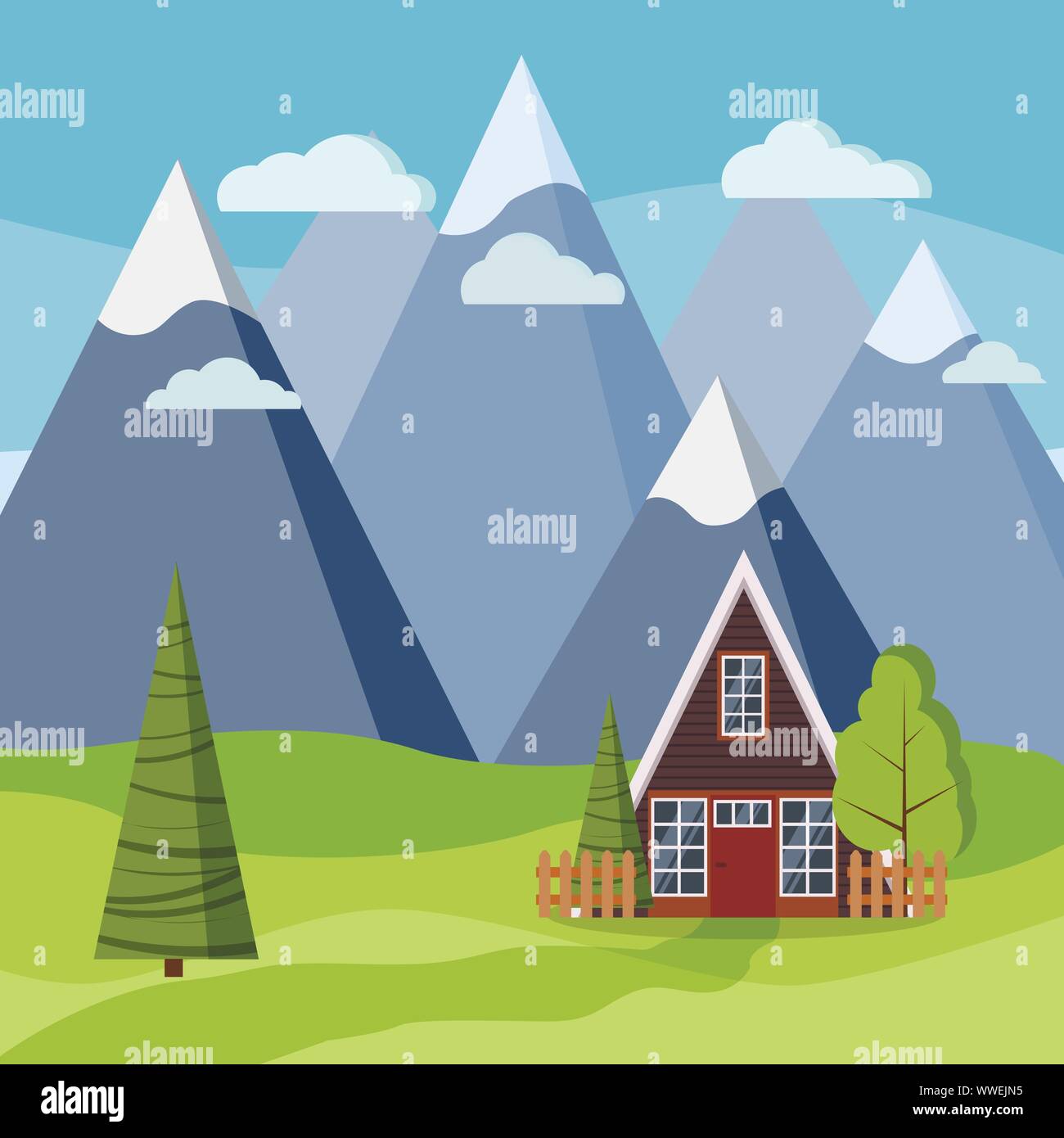 Spring or summer mountain landscape with wood country rural a-frame house. Stock Vector