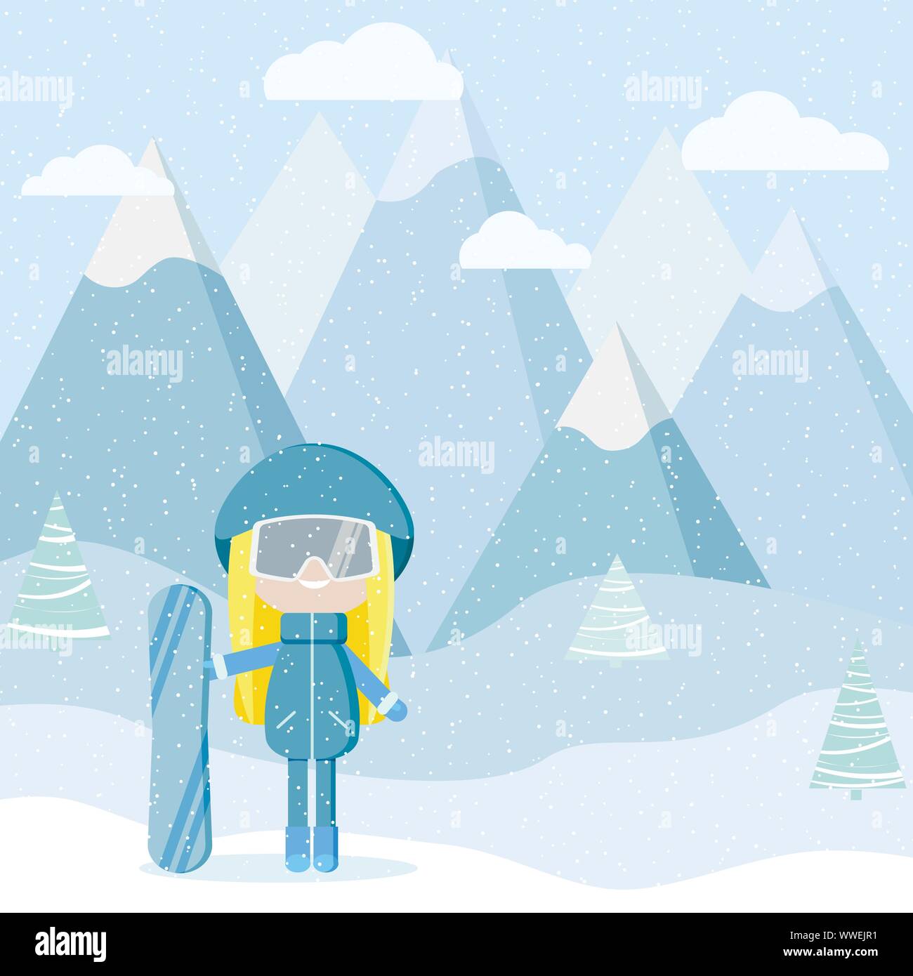 Girl with snowbord equipment on resort Vector illustration Stock Vector