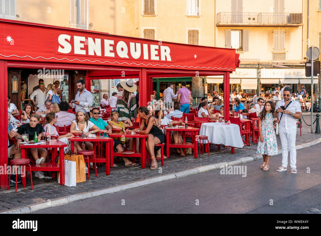 Cafe Senequier, Vieux Port, Saint Tropez,  Var, Cote d'Azur, Stock Photo