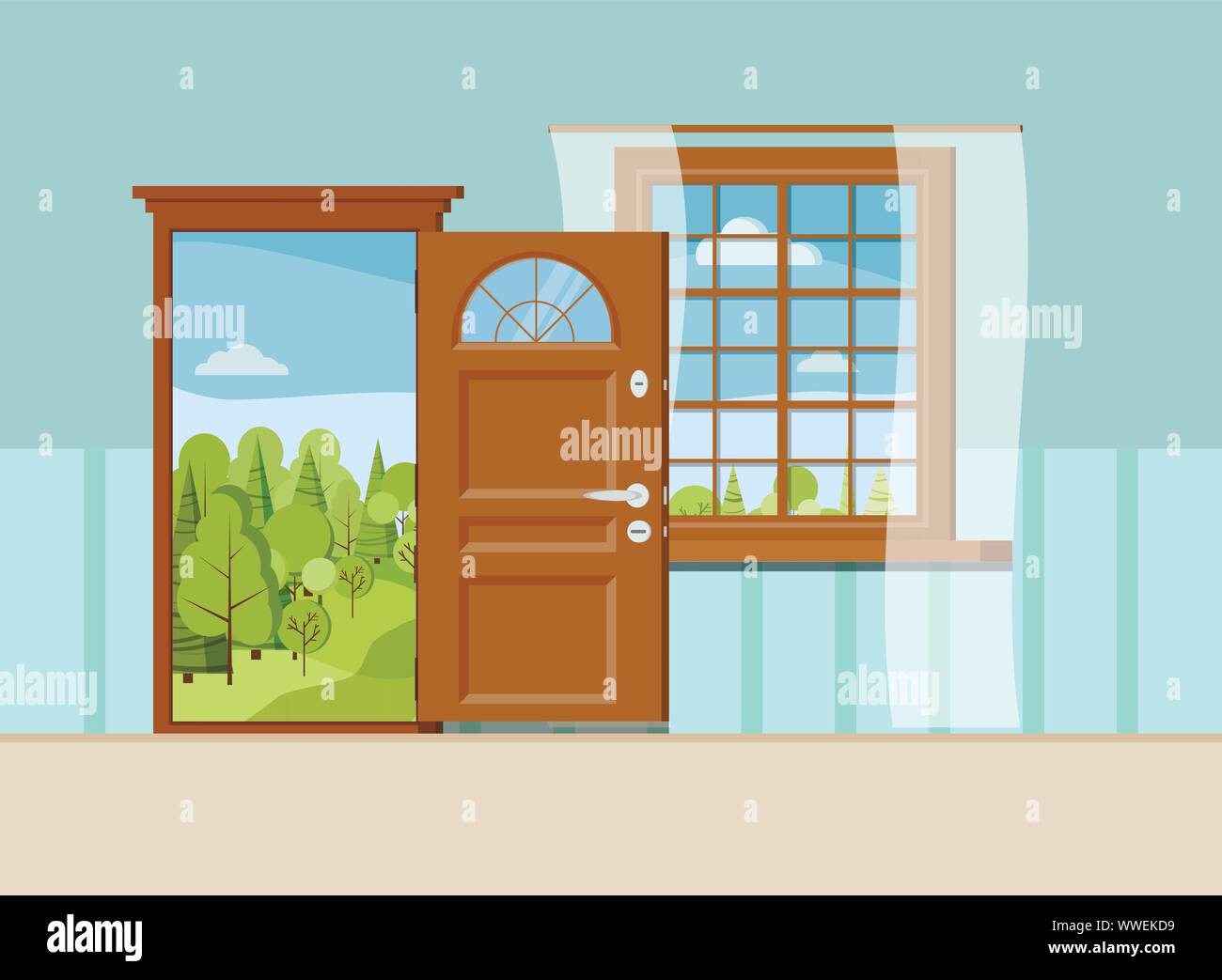 Wood opened entrance door and window with beautiful summer view. Stock Vector