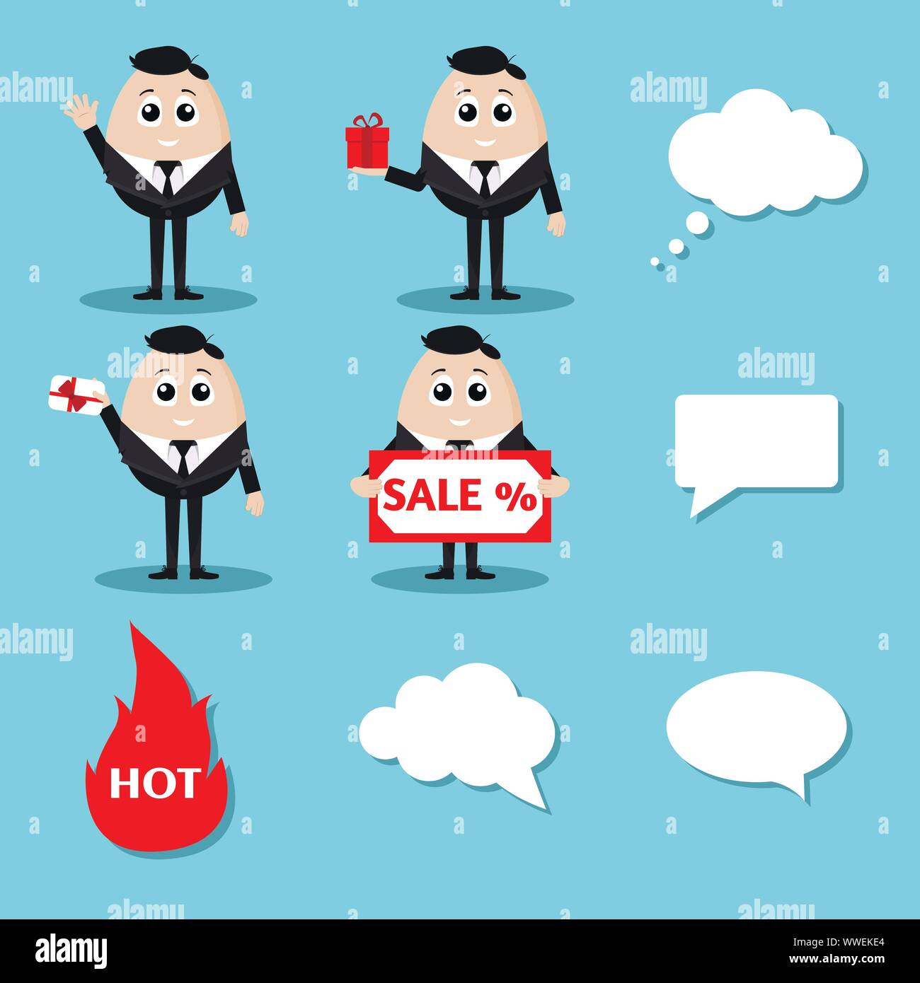 Sale set of isolated vector elegant smiling businessman in black suit. Stock Vector