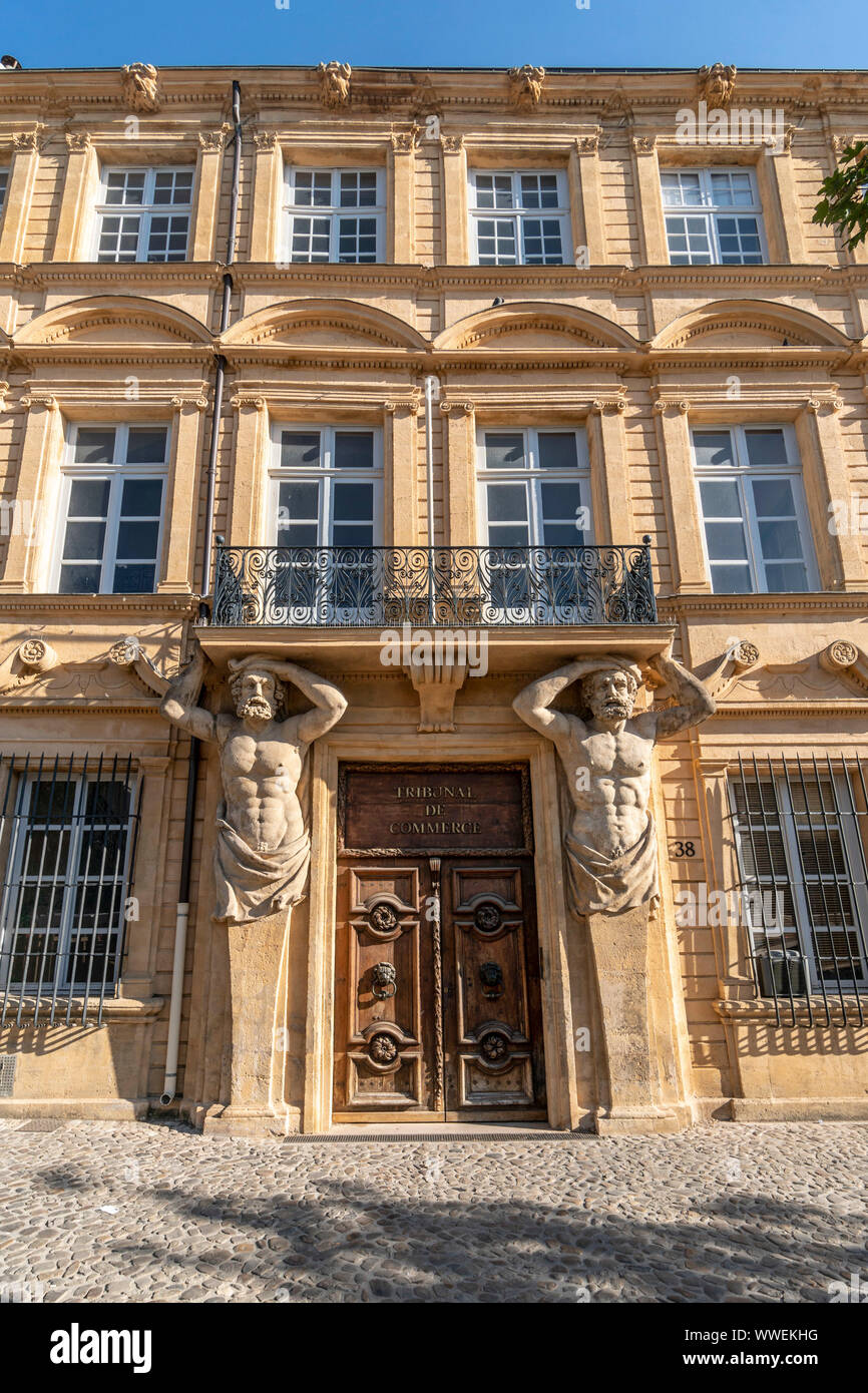Dorway with caryatids, Tribunal de Commerce, Atlas Firgures, Cours Mirabeau, Aix-en-Provence, Bouches-du-Rhone department, Stock Photo