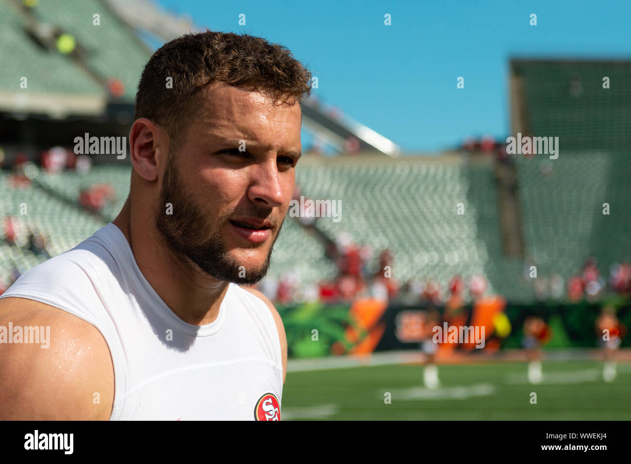 Cincinnati, OH, USA. 15th Sep, 2019. San Francisco 49ers defensive end Nick Bosa (97) jogs back to the locker room after an NFL football game between the San Francisco 49ers and the Cincinnati Bengals at Paul Brown Stadium on September 15, 2019 in Cincinnati, OH. Adam Lacy/CSM/Alamy Live News Stock Photo