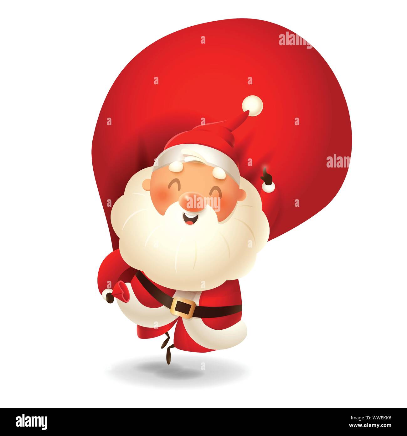 Santa Claus with sack jumping - happy expression point finger up - vector illustration isolated on transparent background Stock Vector