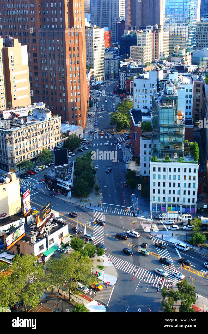 Aerial view of SoHo rooftops, with TriBeCa, East Village, West Village
