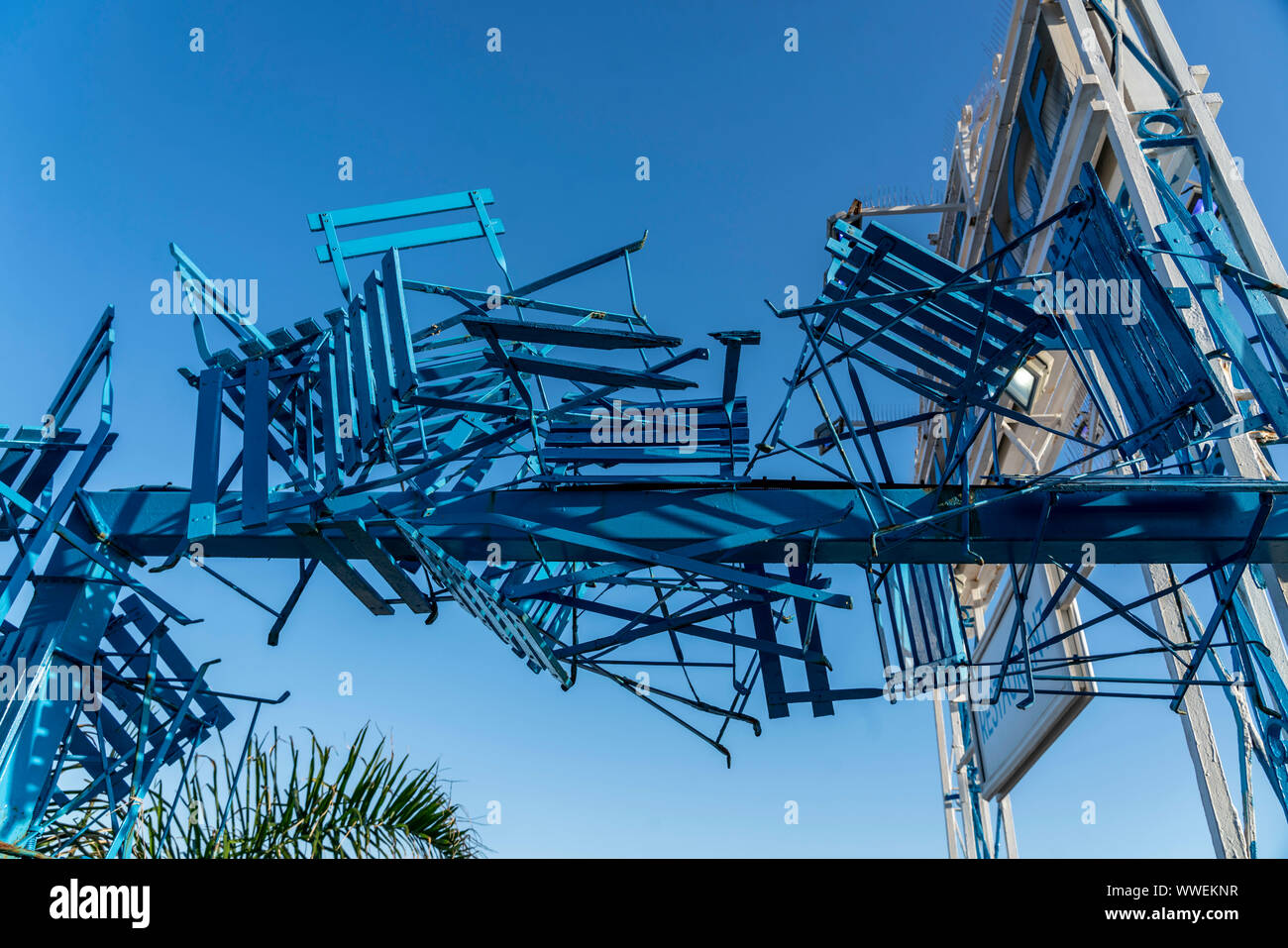 Plage Beau Rivage, blue chairs ,Promenade des Anglais, Nice, France, Stock Photo