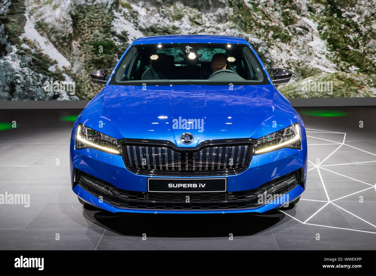 FRANKFURT, GERMANY - SEPT 2019: blue SKODA SUPERB iV B8 TYP 3V sedan car,  IAA International Motor Show Auto Exhibtion Stock Photo - Alamy