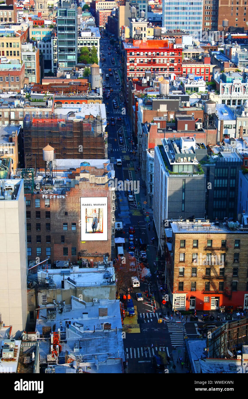 Aerial view of SoHo rooftops, with TriBeCa, East Village, West Village